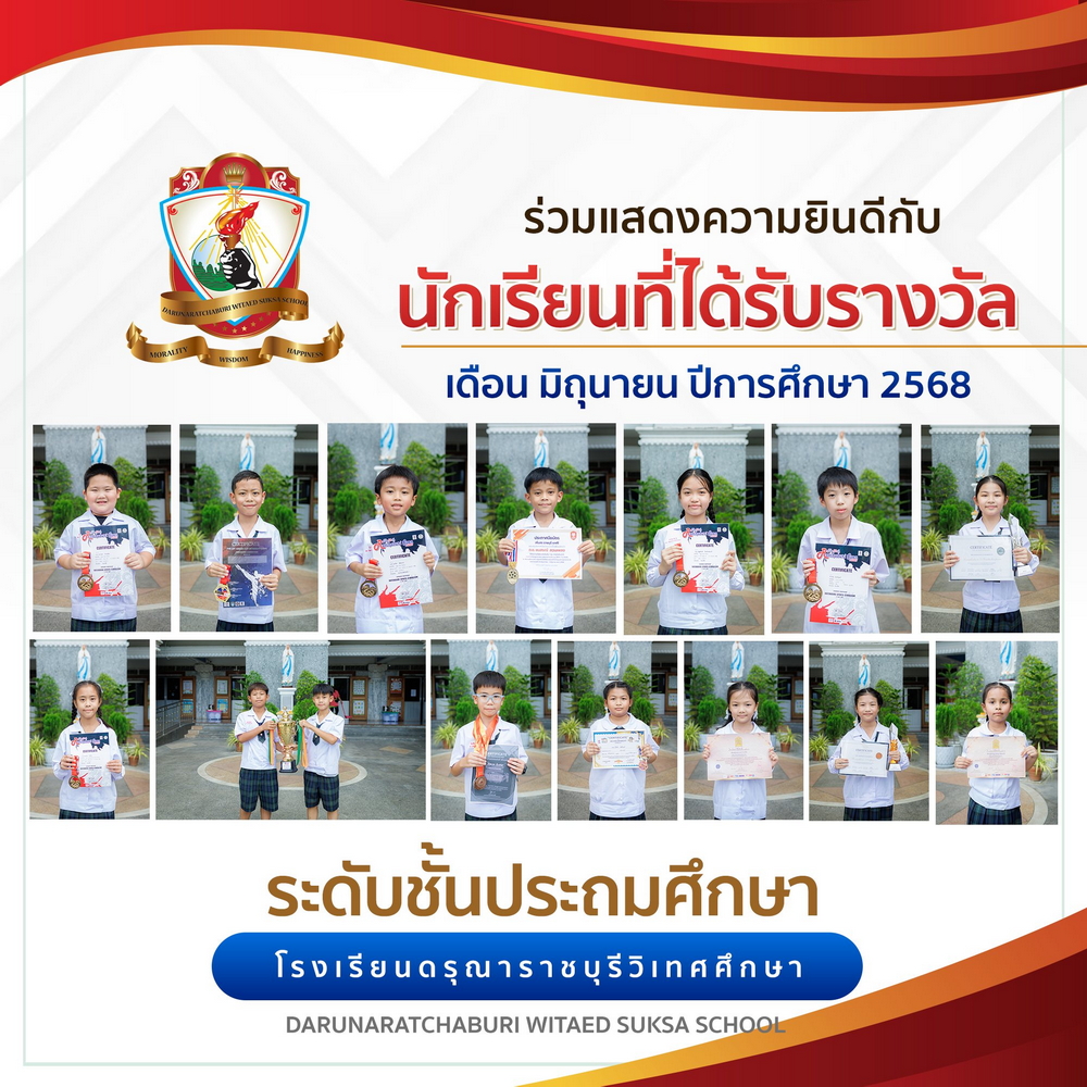 นักเรียนได้รับรางวัลเดือน มิถุนายน 2568 ระดับประถมศึกษา