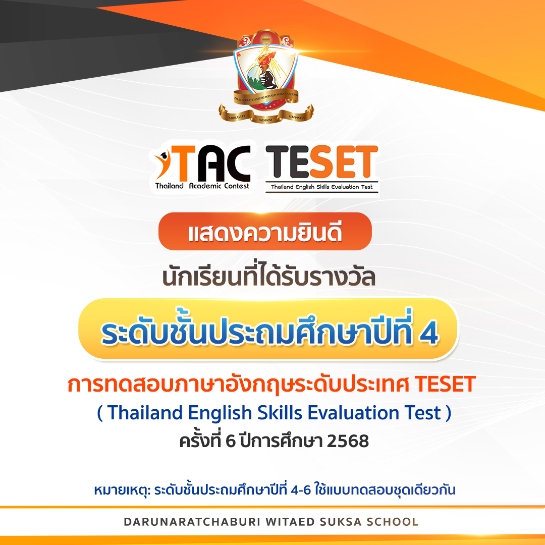 นักเรียนระดับชั้นประถมศึกษาปีที่ 4  ที่ได้รับรางวัลจากโครงการประเมินทักษะภาษาอังกฤษระดับประเทศ ครั้งที่ 6