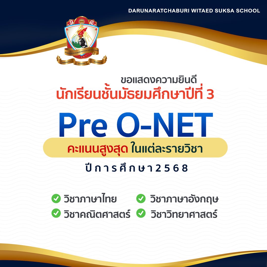 นักเรียนชั้นมัธยมศึกษาปีที่ 3 ที่สามารถทำคะแนน  Pre O-NET สูงสุดในแต่ละรายวิชา ปีการศึกษา 2568