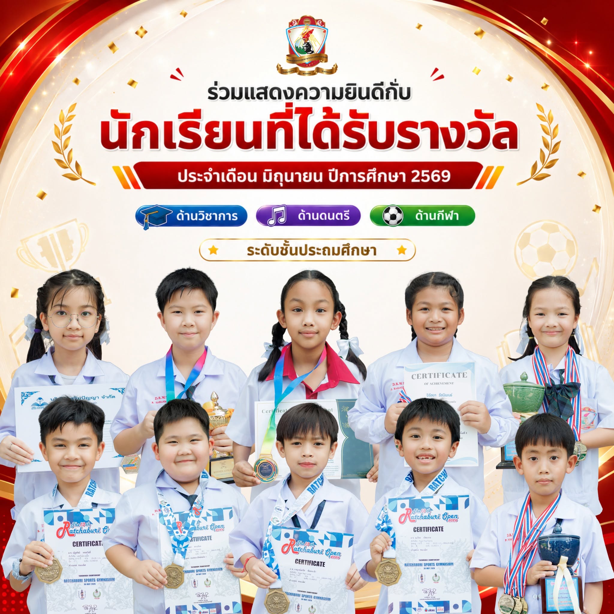 นักเรียนที่ได้รับรางวัล  ประจำเดือนมิถุนายน ปีการศึกษา 2569 - ระดับชั้นประถมศึกษา