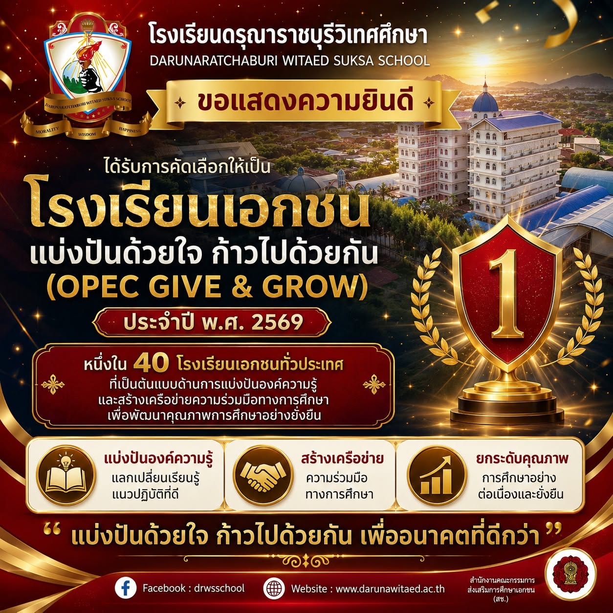 โรงเรียนดรุณาราชบุรีวิเทศศึกษา  ได้รับการคัดเลือกให้เป็นตัวแทนโรงเรียนเอกชนที่ “แบ่งปันด้วยใจ ก้าวไปด้วยกัน (OPEC GIVE & GROW) ประจำปี พ.ศ. 2569”