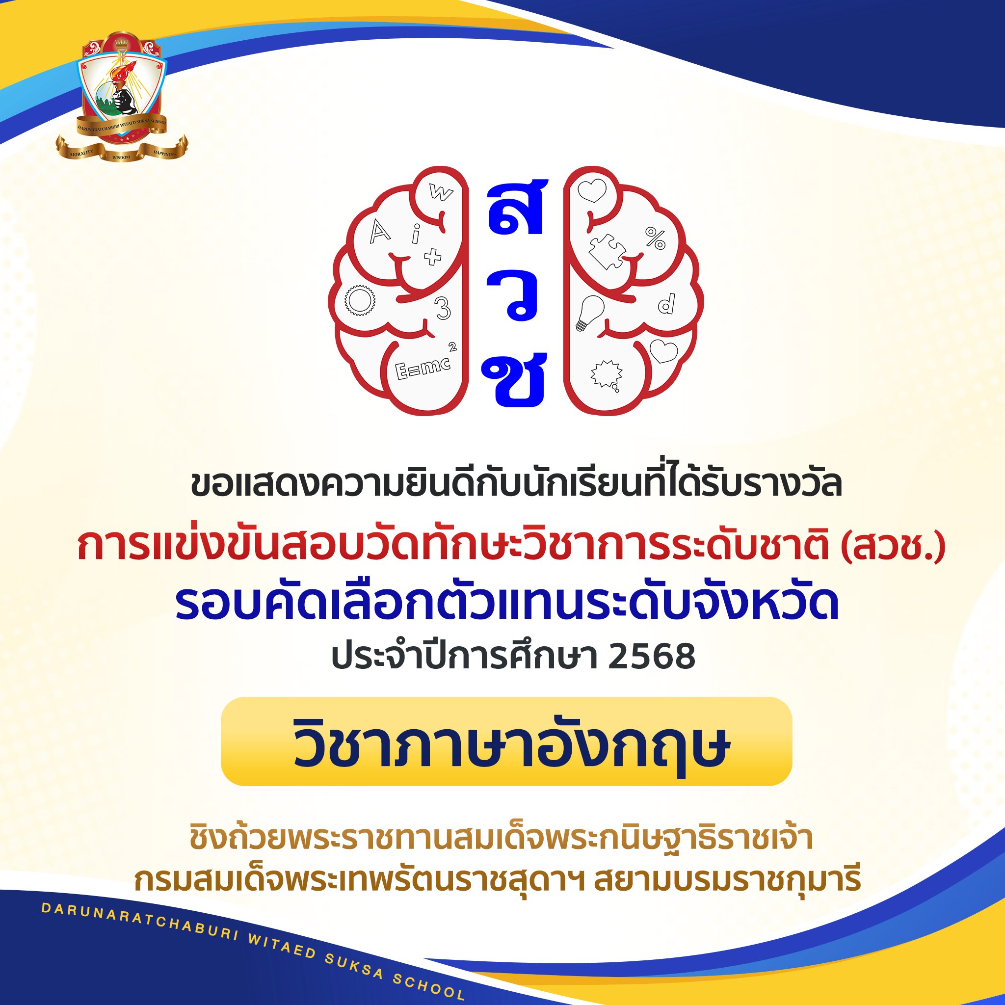 เหรียญรางวัลการแข่งขันสอบวัดทักษะวิชาการระดับชาติ (สวช) ประจำปี พ.ศ. 2568 ( รอบคัดเลือกตัวแทนระดับจังหวัด) วิชาภาษาอังกฤษ
