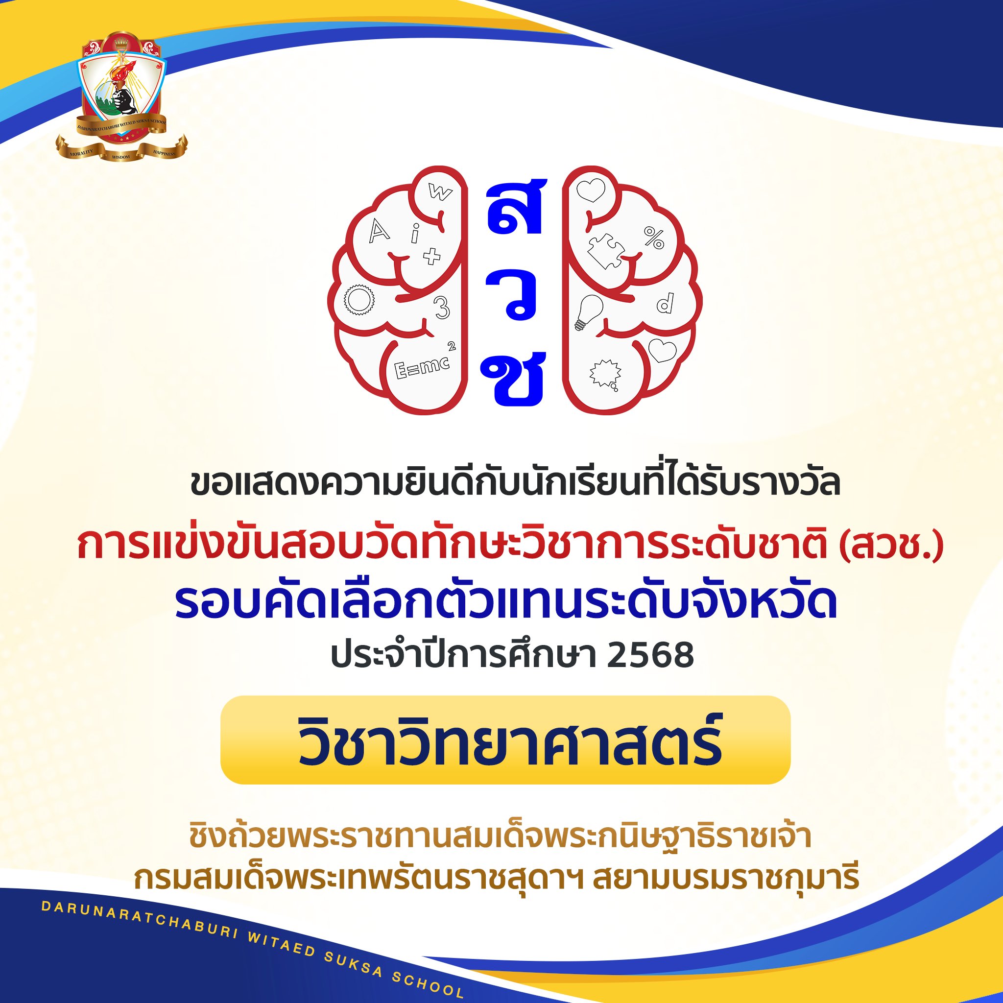 เหรียญรางวัลการแข่งขันสอบวัดทักษะวิชาการระดับชาติ (สวช) ประจำปี พ.ศ. 2568 ( รอบคัดเลือกตัวแทนระดับจังหวัด) วิชาวิทยาศาสตร์