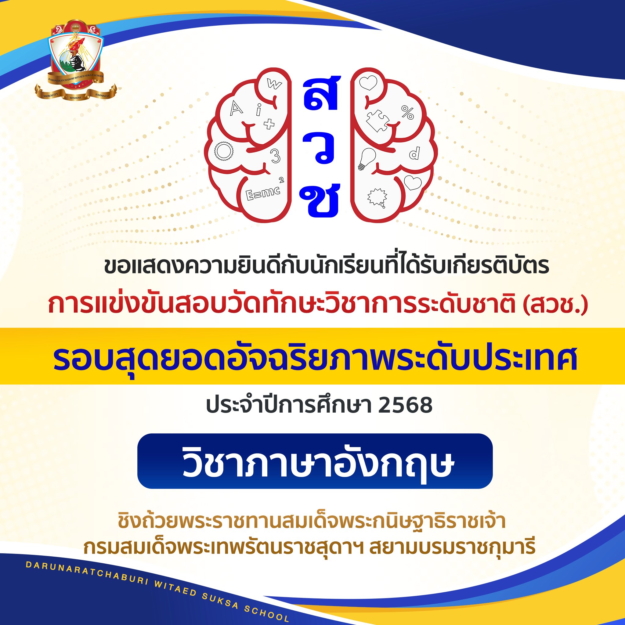 เหรียญรางวัลการแข่งขันสอบวัดทักษะวิชาการระดับชาติ (สวช) ประจำปี พ.ศ. 2568 (รอบสุดยอดอัจฉริยภาพระดับประเทศ)  วิชาภาษาอังกฤษ