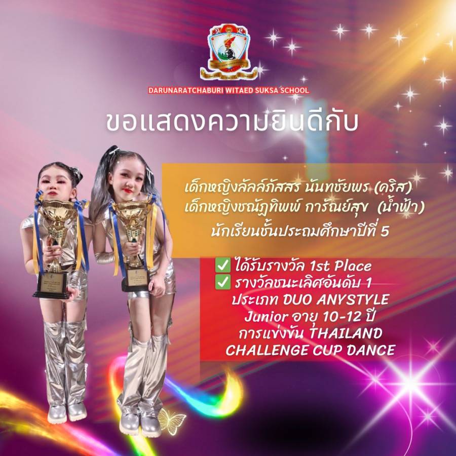 รางวัล 1st Place  รางวัลชนะเลิศอันดับ 1 ประเภท DUO ANYSTYLE Junior 10-12 ในการแข่งขัน Thailand Challenge Cup Dance Competition 2025